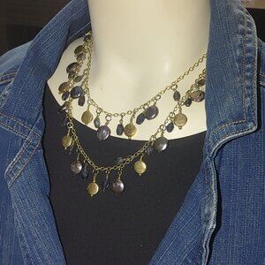 Layered Gold Chain Necklace Coin Iridescent Beads Toggle Clasp Adjustable Length